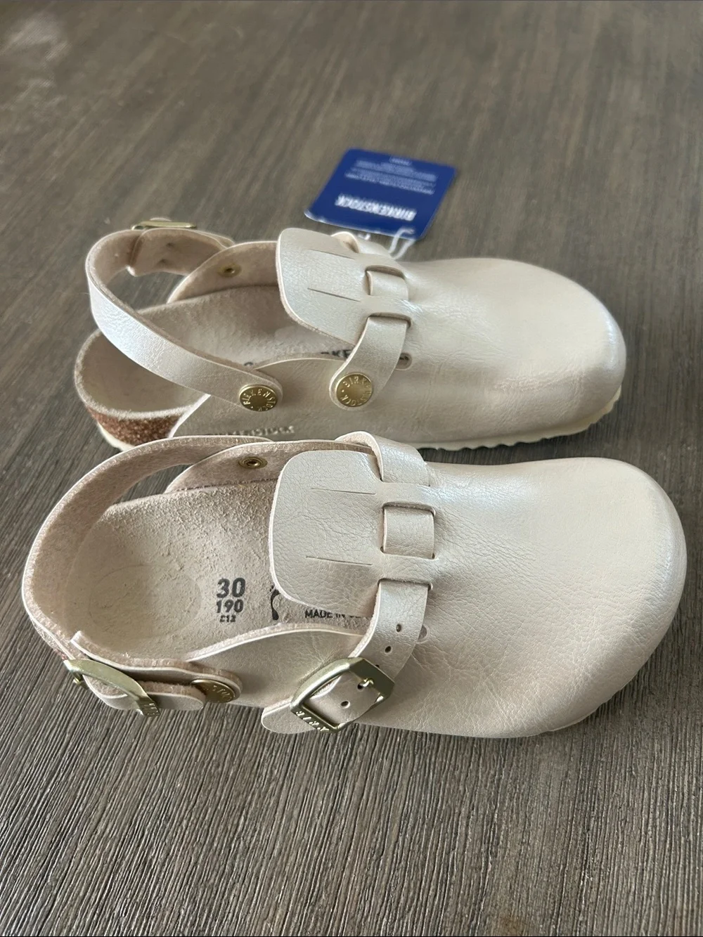 Birkenstock Kids Metallic Cream Slip-On Clogs, Size C12, New.